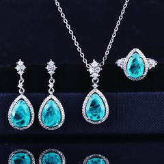 European and American full diamond open ring colorful treasure earrings drop-shaped necklace set