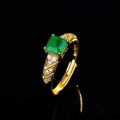 Tik Tok Live Stream Inlaid Imitation Natural Emerald Band Cotton Open Ring Square Ascutter Colored Gems Ring