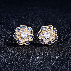 new earrings micro-inlaid blue zircon silver needle earrings multi-layer three-dimensional flower copper earrings