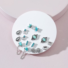 European and American Fashion Jewelry Retro Turquoise Stud Earrings Chain Tassel Earring Set