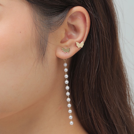 European and American Jewelry Butterfly Pearl Chain Stud Earrings Asymmetrical Earrings's discount tags