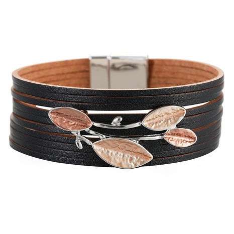 European and American New Geometric Leaves Dripping Oil Hand Drawn Chinese Style Bracelet Retro Multi-Layer Leather Magnetic Snap Bracelet's discount tags