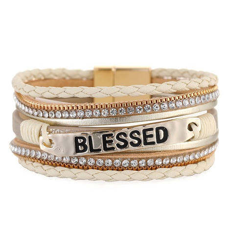 European and American ethnic PU leather jewelry alloy sheet multi-layer diamond-studded woven bracelet's discount tags