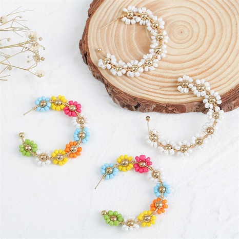 Bohemian geometric C-shaped rice beads flower earrings creative personality woven earrings jewelry's discount tags