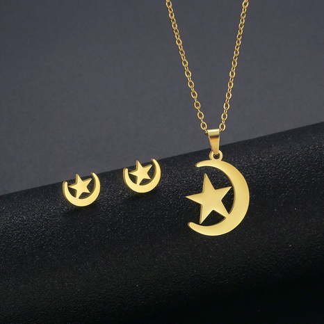 nouvelles boucles d'oreilles collier étoile ensemble étoile et lune en acier inoxydable bijoux en deux pièces plaqués or 18 carats's discount tags