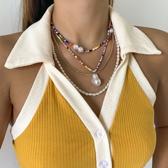 European and American special-shaped imitation pearl multilayer beaded ethnic chain tassel necklace