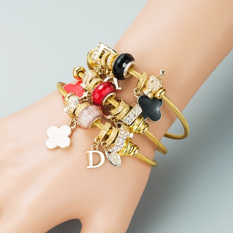 European and American New Fashion DIY Flower Letter Alloy Dora Bracelet Simple All-Match Beaded Steel Wire Bracelet Accessories's discount tags
