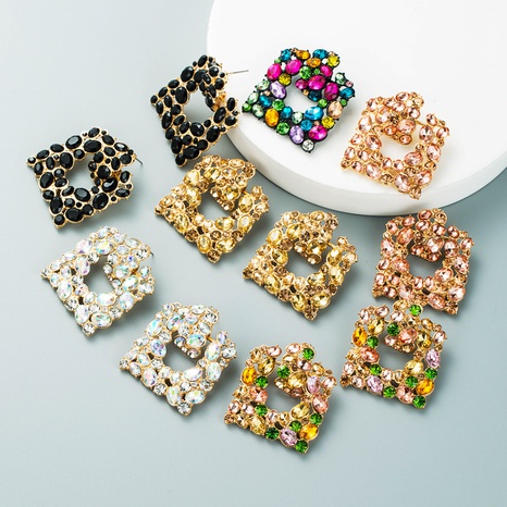 Pendientes de diamantes de color cuadrados geométricos exagerados Pendientes de diamantes de imitación con incrustaciones huecas de aleación de moda's discount tags