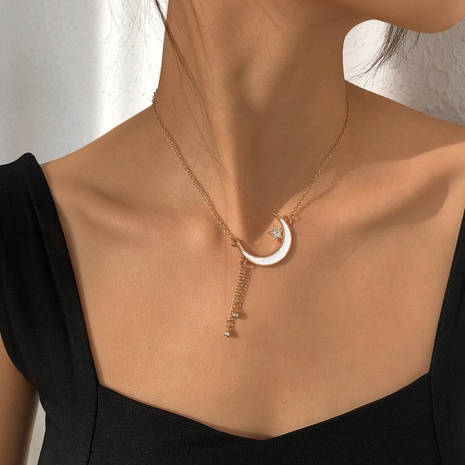 N8972 Europe and America Cross Border Simple Tassel Necklace Geometric Micro-Inlaid Moon Pendant Necklace Niche Temperament Necklace Women's discount tags