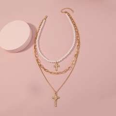 Best Seller in Europe and America Simple Retro Style Pearl Necklace Temperament Entry Lux Cold Wind Cross DIY Multi-Layer Necklace