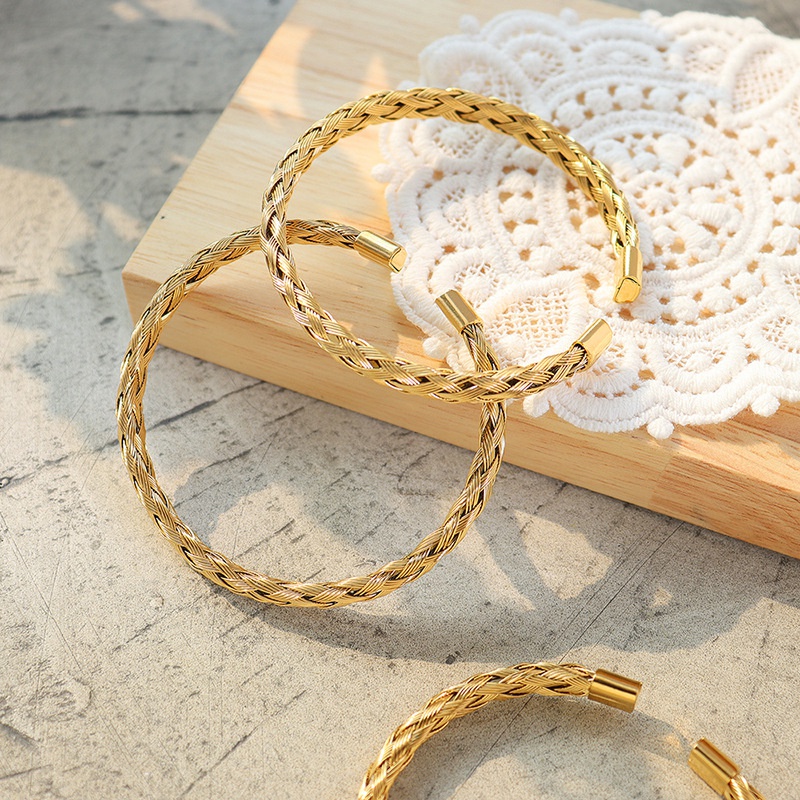 simple retro bamboo open bracelet woven jewelry titanium steel material plated 18k gold bracelet