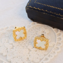Korean version fashion temperament square white sea shell earrings titanium steel plated 18K gold earrings