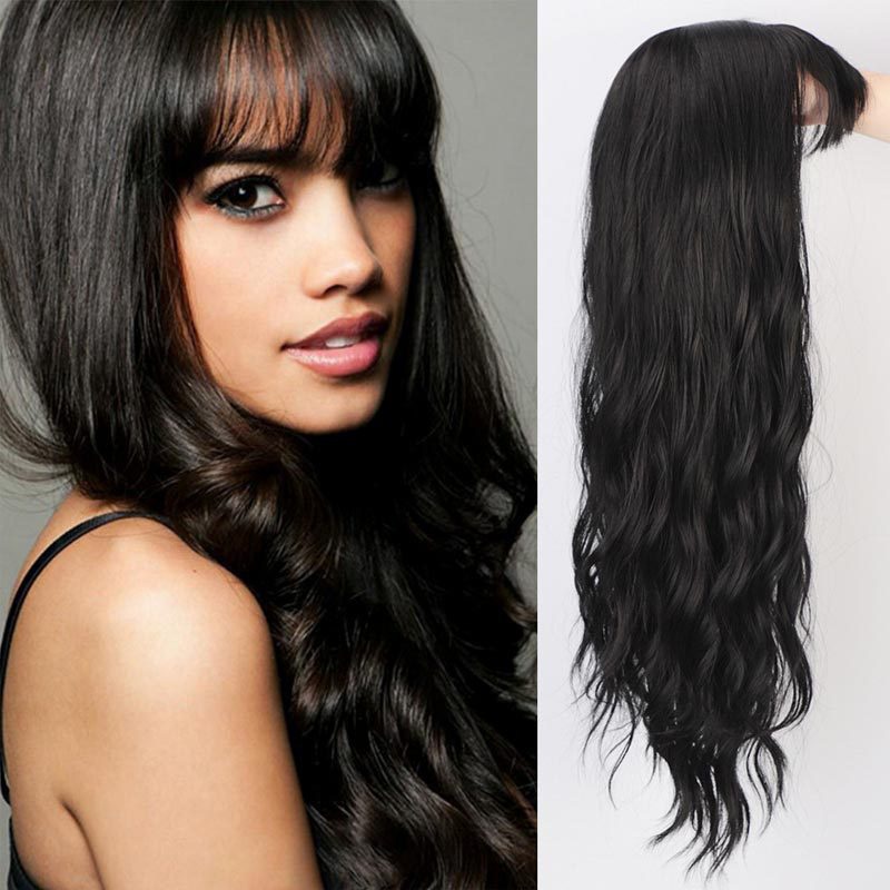 Perruques pour femmes europennes et amricaines cheveux longs boucls coiffures ondules perruque frange noire