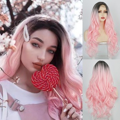 wig small lace long curly hair big wavy gradient pink chemical fiber headgear