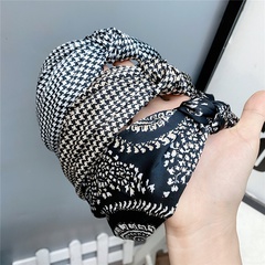 B103 Houndstooth Knotted Hair Hoop Wide-Brimmed Personality Alternative Trendy Cool Style Temperament Head Buckle Satin Fabric Knotted Headband