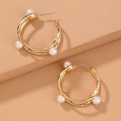 hollow C-shaped double circle pearl earrings metal texture fashion geometric earrings