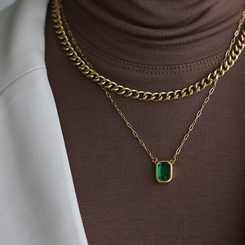 Fall Winter Sweater Chain Green Diamond Stacked Titanium Steel Multilayer Necklace