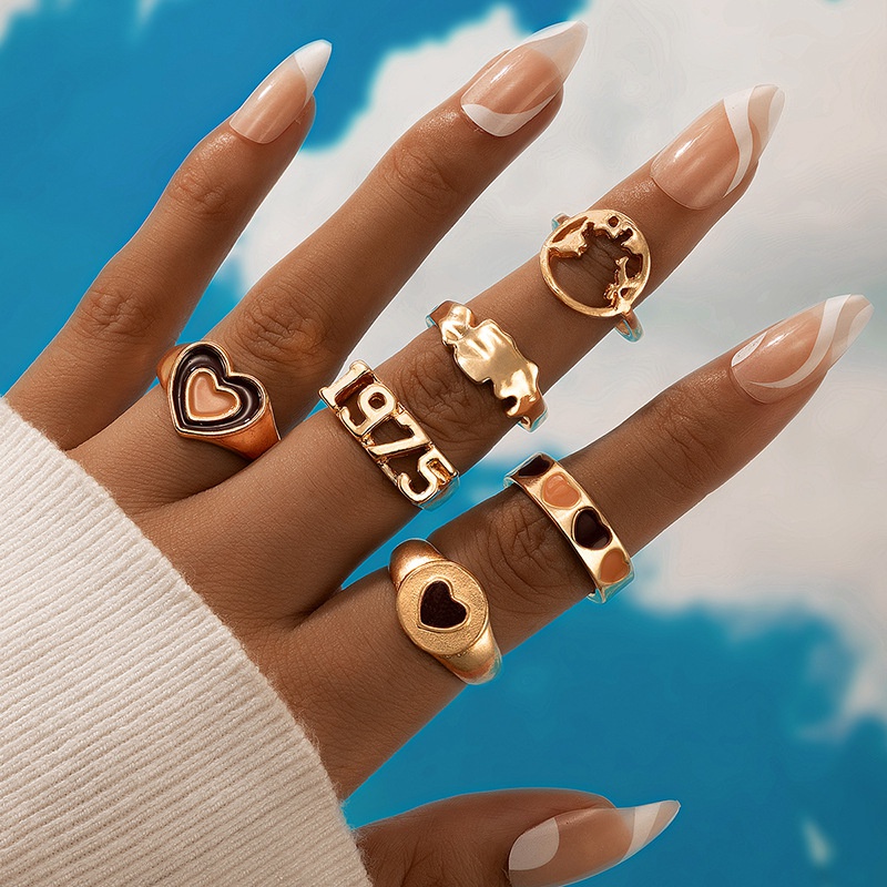 European and American new irregular geometric number 1975 hit color drip oil heart ring sixpiece set