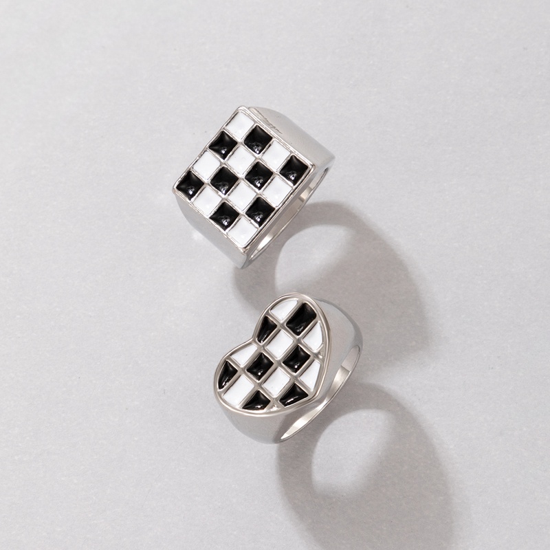 hiphop simple ring black and white heart geometric checkerboard ring twopiece