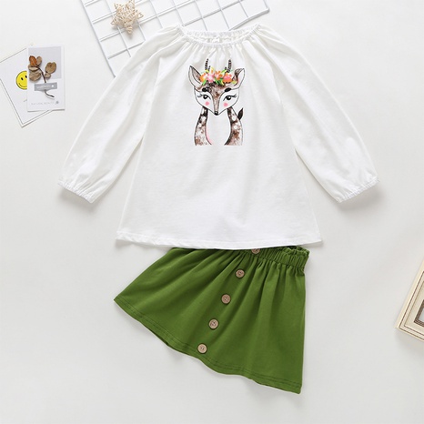 girl autumn fox print white puff sleeve dark green princess dress suit wholesale  NHSSF503735's discount tags