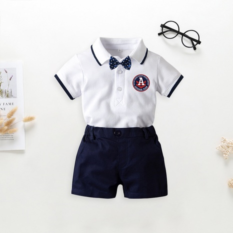 Children's one-piece romper baby summer short-sleeved polo shirt and bow tie shorts suit NHSSF503752's discount tags