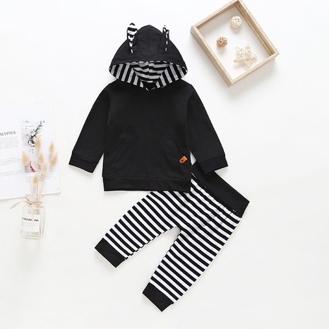 boy two-piece striped long-sleeved black children's suit cute bunny hooded wholesale  NHSSF503761's discount tags
