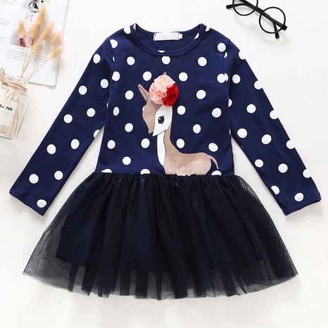 children's polka dot deer spring and autumn navy blue skirt yarn round neck dress's discount tags