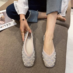 Fashion Rhinestone Pearl Mary Jane Shoes Flat Square Toe Women's Single Shoes