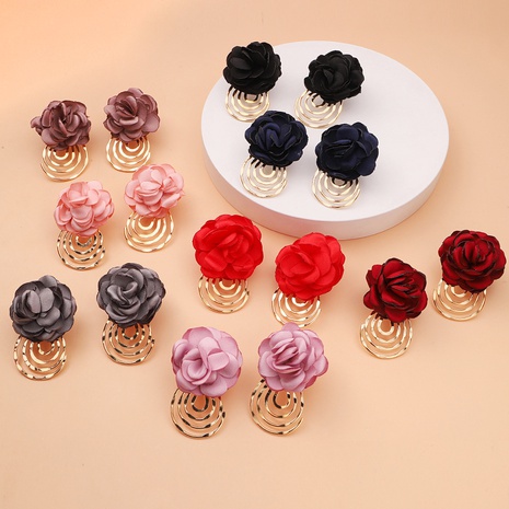 Korea Fabric Flower Earrings Autumn New Retro Multilayer Spiral Metal Pendant Rose Earrings's discount tags