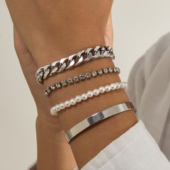 Hip-hop con incrustaciones de diamantes de imitación de metal suave pulsera ajustable pulsera de perlas de imitación tejida a mano