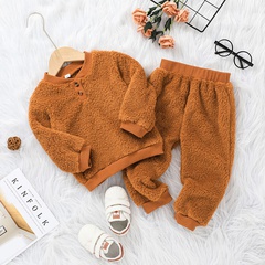Autumn and winter wool sweater suit solid color children's round neck top and trousers two-piece