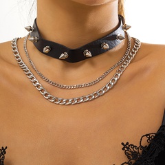 punk hip-hop metal chain PU rivet multilayer necklace