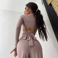 2021 winter new solid color high-neck long-sleeved top trousers two-piece suit