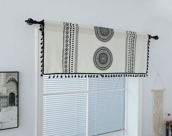 bohemian mandrel printing black tassel decoration kitchen curtain's discount tags