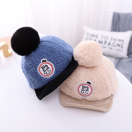 Autumn and winter new plush hats cute children brimmed letter caps's discount tags