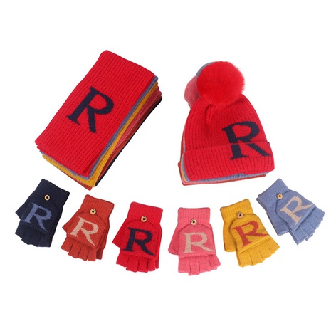Winter Children's Woolen Ball Knitted Hat Scarf Gloves Three-piece Set Warm Woolen Hat's discount tags