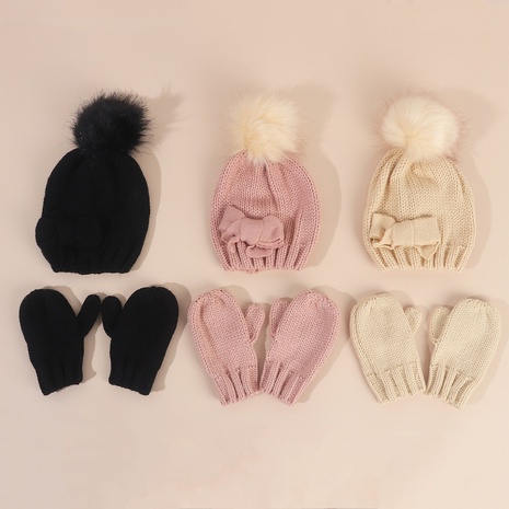 New Baby Woolen Hat Glove Set 1-2 Years Old Baby Bowknot Knitted Hat's discount tags
