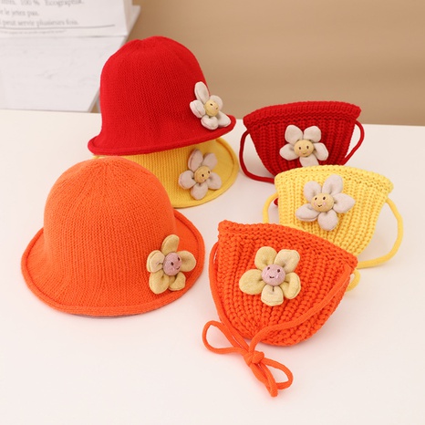 autumn and winter new children's sunflower knitted fisherman hat knitted bag set's discount tags