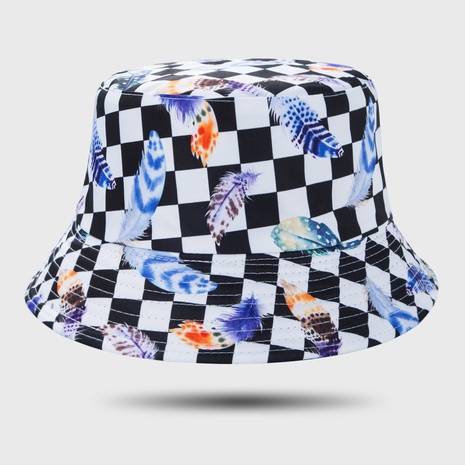 chapeau de pêcheur imprimé à carreaux de couleur plume hip-hop personnalité simple chapeau de bassin décontracté's discount tags