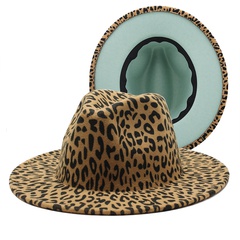 new British style double-sided color matching leopard woolen jazz hat new fashion flat big brim hat