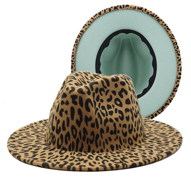 new British style doublesided color matching leopard woolen jazz hat new fashion flat big brim hat