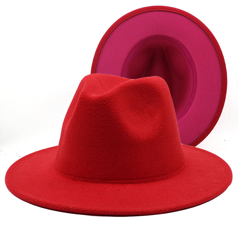 Outer red inner rose red felt hat fashion doublesided color matching hat flat brim jazz hat