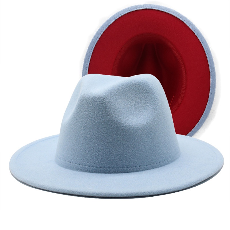 Outer sky blue inner big red woolen top hat fashion doublesided color matching hat jazz hat