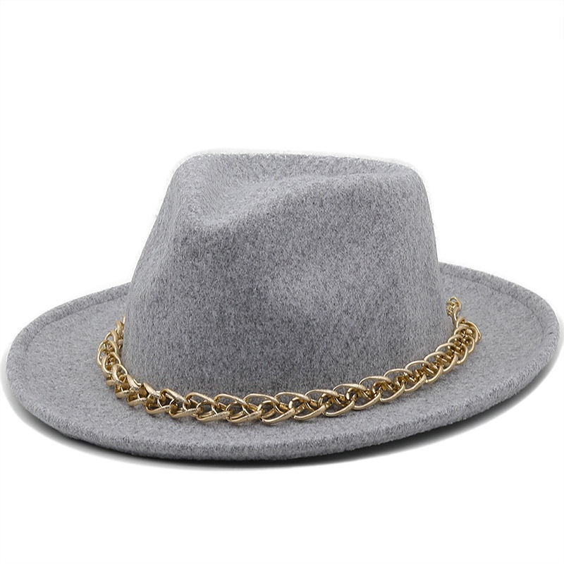 Autumn and winter simple wool hat metal chain top hat retro style jazz hat