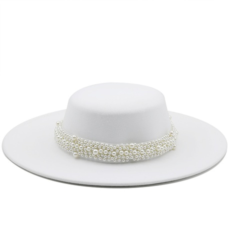 New pearl chain white flat-top woolen hat autumn and winter fashion big brim top hat's discount tags