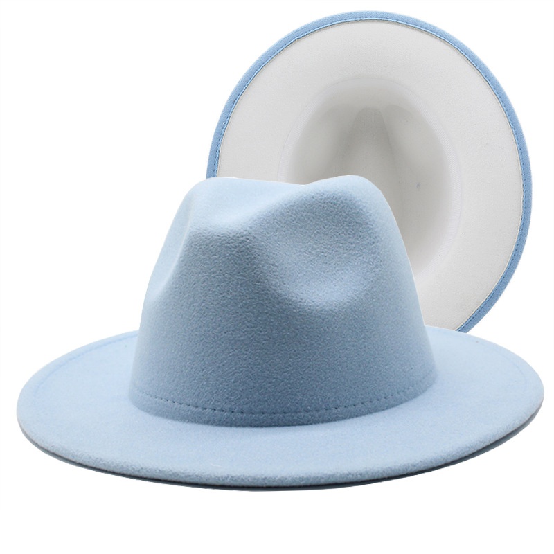 Outer sky blue inner white woolen top hat fashion doublesided color matching hat flat brim jazz hat
