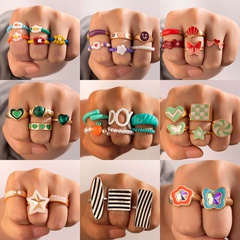 fashion color contrast ring hand jewelry heart flower beads drip oil ring set
