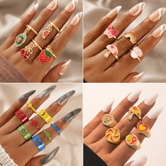 fashion color contrast ring hand jewelry heart flower butterfly color drip ring set