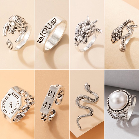 European and American simple silver alloy geometric ring letter animal single ring's discount tags