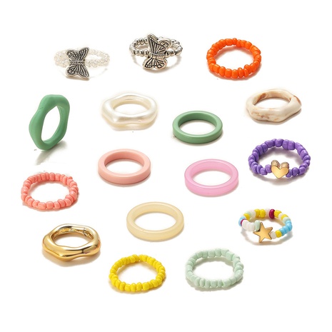 Creative candy color rice bead heart butterfly ring irregular resin ring 16-piece set's discount tags